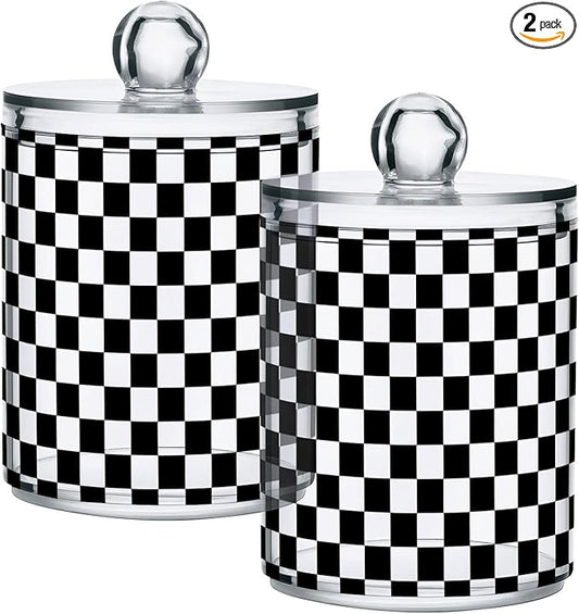 2 Pack Qtip Holder Organizer Dispenser Black White Checkered Pattern Bathroom Storage Canister Cotton Ball Holder Container for Cotton Pads/Swabs/Floss