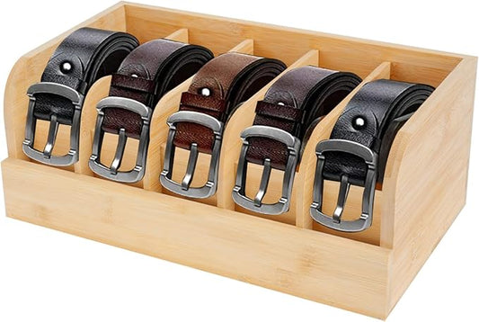 GTI Belt Organizer, 5 Compartments Belt Organizer for Closet and Drawer, Bamboo Display Case for Tie and Belt, Belt Storage Organizer for Men Women (Wooden)
