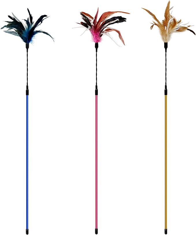 TTcat 3 PCS 22.8” Extra Long Cat Wand Toys Natural Feather Teaser Stick Toys,Interactive Toys for Indoor Cat and Kitten.