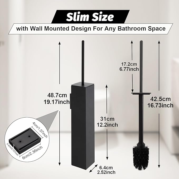 BGL Toilet Brush and Holder Set Matte Black Wall Mounted for Bathroom Square Design