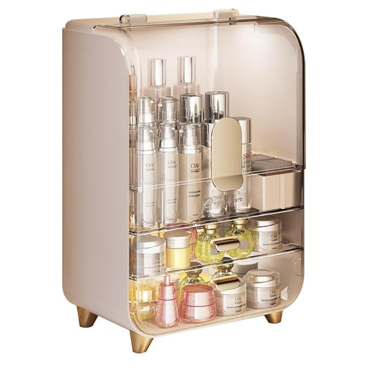 Makeup Organizer Storage Box, Skincare Cosmetic Organizer, Clear Cosmetic Display Case With Top Flip-lid and 2-Tier Drawer for Vanity, Dresser, Countertop (Pink)