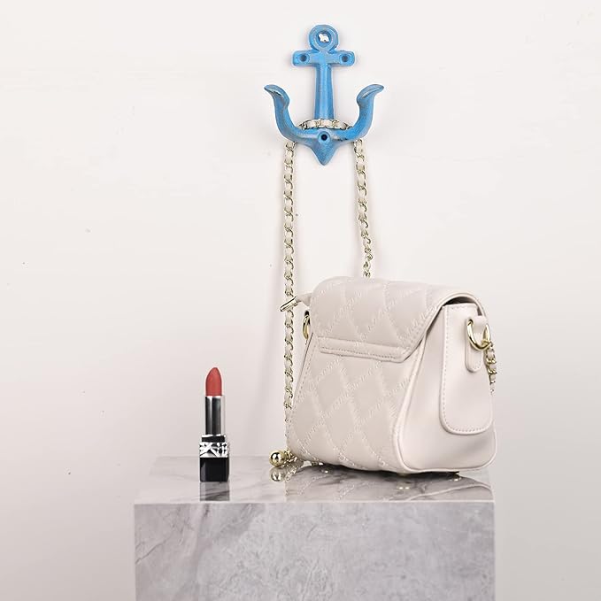 XINGYAN Vintage Rustic Cast Iron Nautical Sea Anchor Design Wall Hooks,Home Coat Rack,Decorative Wall Mounted Antique Shabby Chic Metal Bathroom Towel,Coat Hooks,Hanger,Screws Inside (Blue[4pcs])