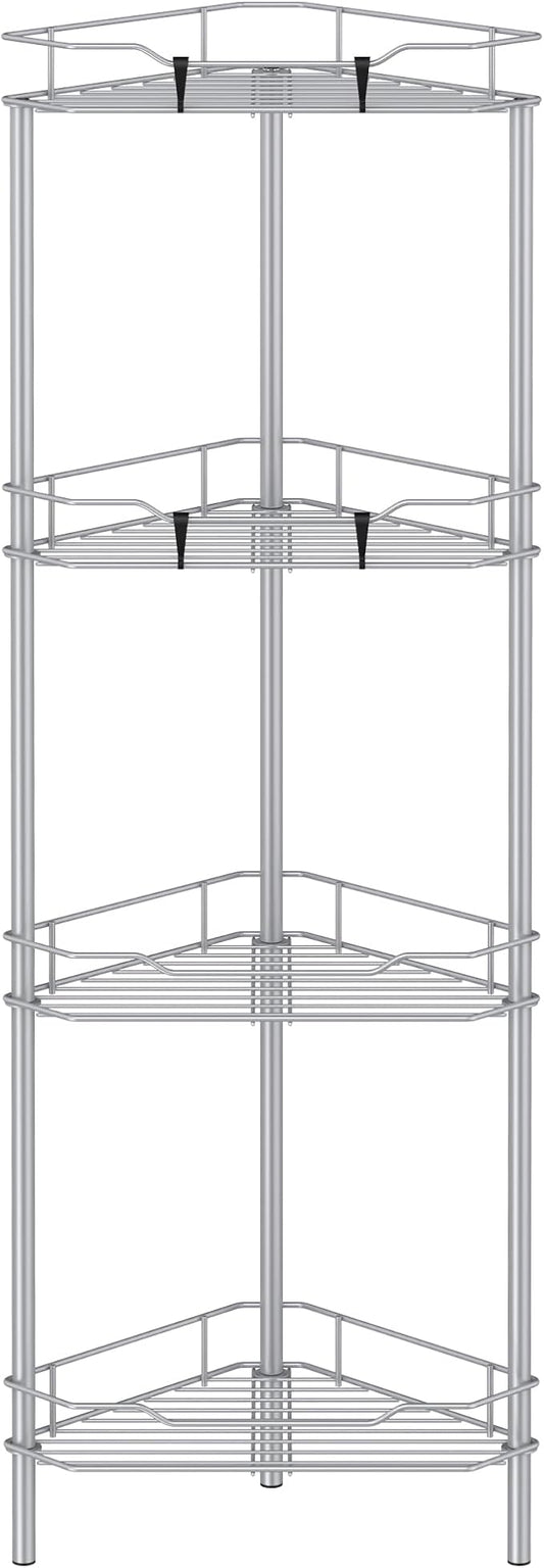 4 Tier Floor Standing Corner Shower Caddy Organizer Shelf with Hooks, Bathroom Shelves Stand Rack, Silver