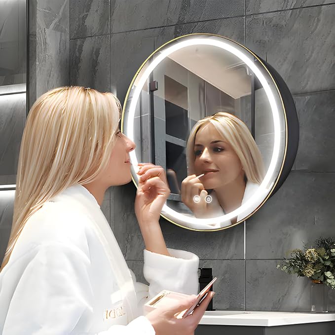 26inch Round Medicine Cabinet with Lights,Led Medicine Cabinet with Defogger,Illuminated Mirror Cabinet for Bathroom,Dimmable,Anti-Fog,3000k-6500K Color Temperature
