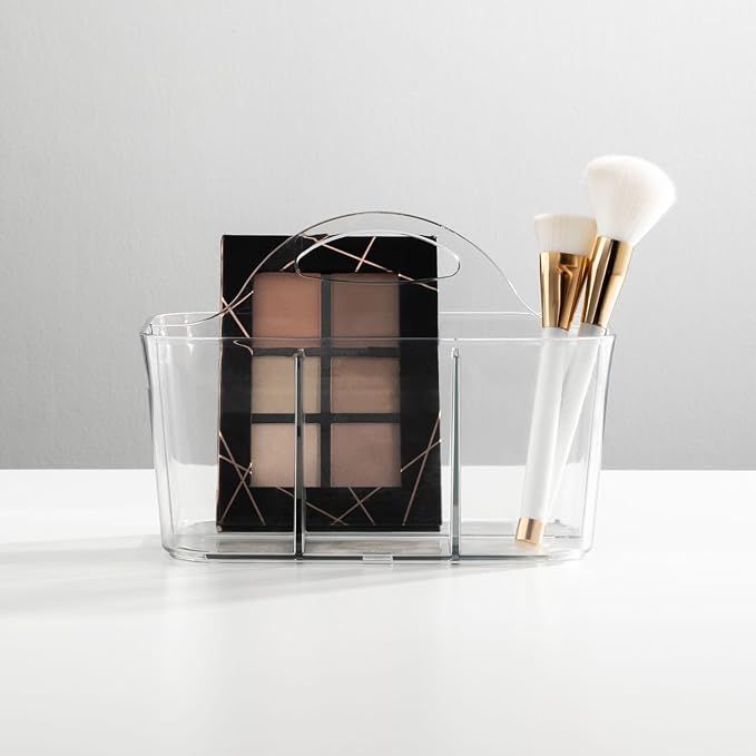 mDesign Plastic Makeup Storage Organizer Caddy Tote, Divided Basket Bin, Handle for Bathroom, Hold Eyeshadow Palettes, Nail Polish, Brushes, Shower Essentials, Small, Lumiere Collection, 2 Pack, Clear