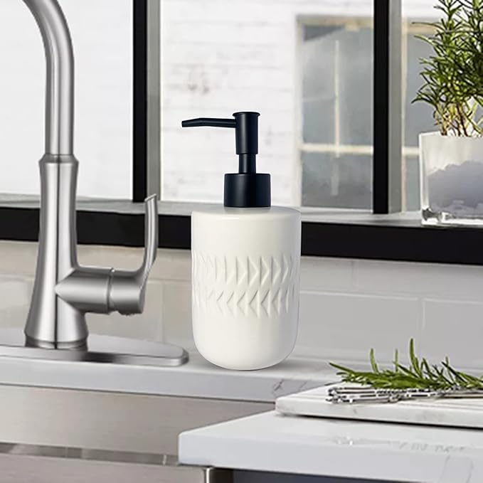 White Soap Dispenser with Matte Black Pump for Bathroom,Cylindrical Lotion Dispenser,12oz Ceramic Relief Hand Dish Soap Dispenser,Refillable Liquid Dispenser for Kitchen (Relief White)