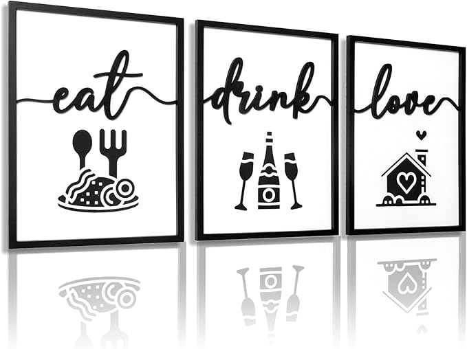 3D Wood Dining Room Wall Decor, Framed Kitchen Pictures Wall Art for Dining Room Wall Decor(Ready to Hang, 12x16 inches, Set of 3, Framed)