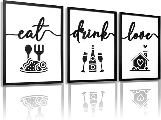 3D Wood Dining Room Wall Decor, Framed Kitchen Pictures Wall Art for Dining Room Wall Decor(Ready to Hang, 12x16 inches, Set of 3, Framed)