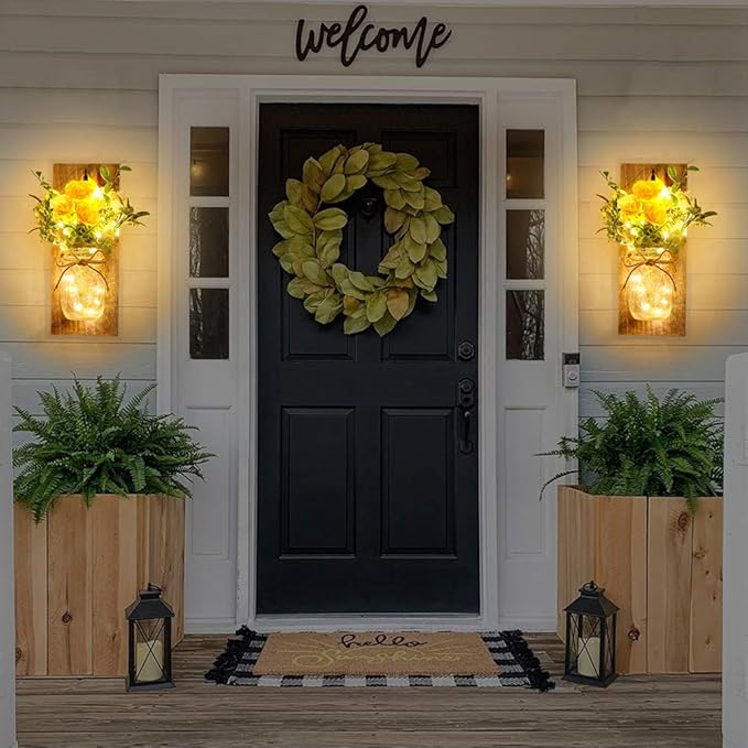 Wall Decor Mason Jar Sconces - Rustic Farmhouse Home Decor with Remote Control Wall Lights and Yellow Rose for Bedroom Wall Decor Living Room Kitchen Decorations Set of Two