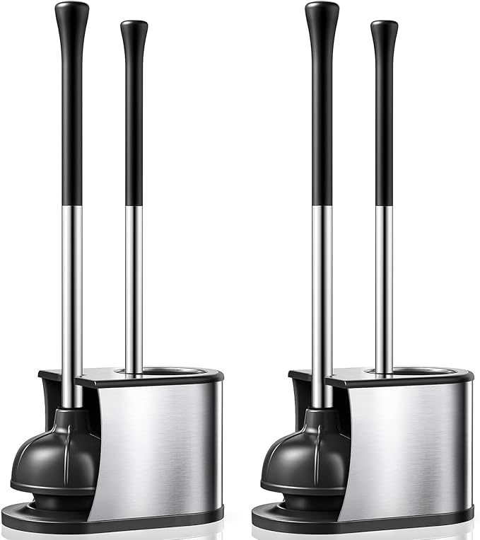 HAMITOR Toilet Plunger and Brush Set: 2 Pack 2 in 1 Stainless Steel Rustproof Combo with Curved Bristles - Heavy Duty Toilet Unclogging for Family Bathroom - Compact Apartment Cleaning Accessories