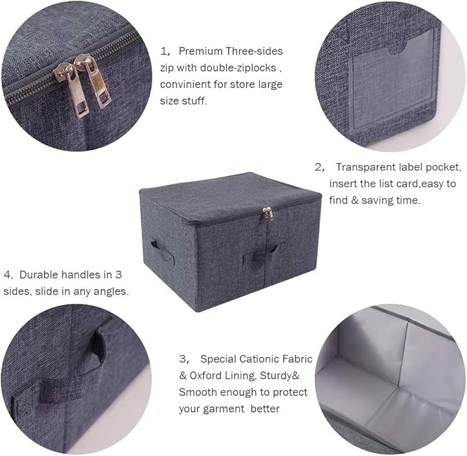Pack of 2, Fabric Folding Washable Clothes Storage Boxes with Zip Lid for Wardrobe, Black Gray