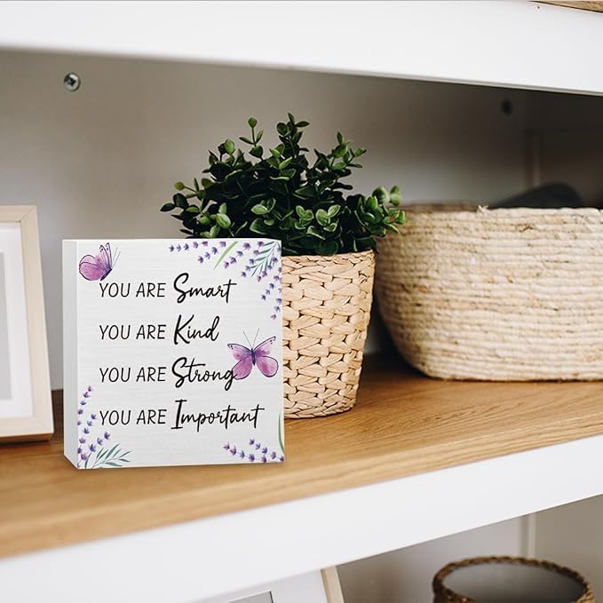 Purple Decor,Purple Butterfly Decorations,Inspirational Butterfly Decoration,Lavender Decor for Office Room Bathroom Living Room Home Nursery for Girls Teen Wooden Box 5 x 5 Inch