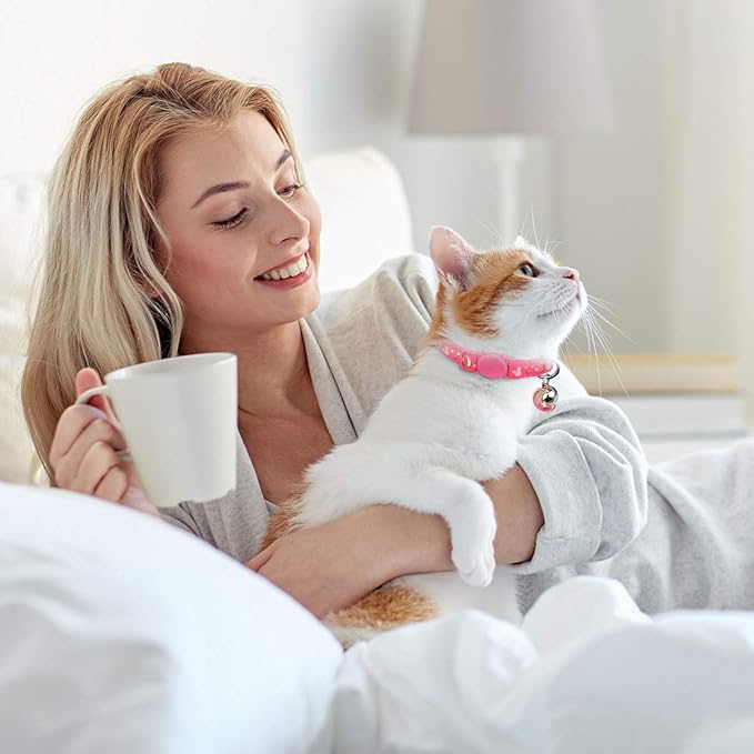 2PCS Breakaway Cat Collars with Bell Cute Kitty Glow in The Dark Adjustable Kitten Collars 7.9-13.0 Inch(Purple&Pink)