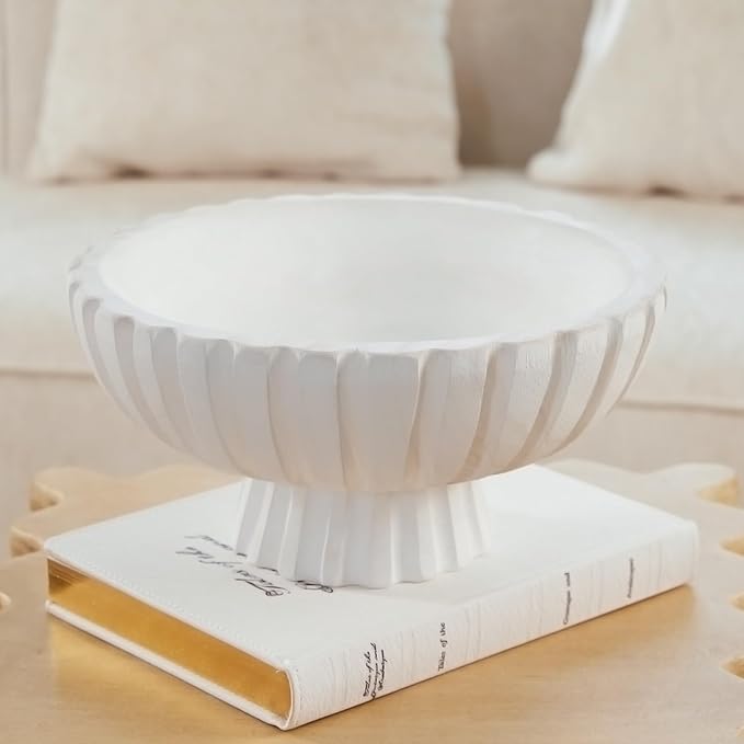DN DECONATION White Wooden Decorative Bowl with Stand, 11.22" Wood Fruit Candy Key Holder Bowl for Centerpiece Home Room Decor Farmhouse Shelf Coffee Table Entryway