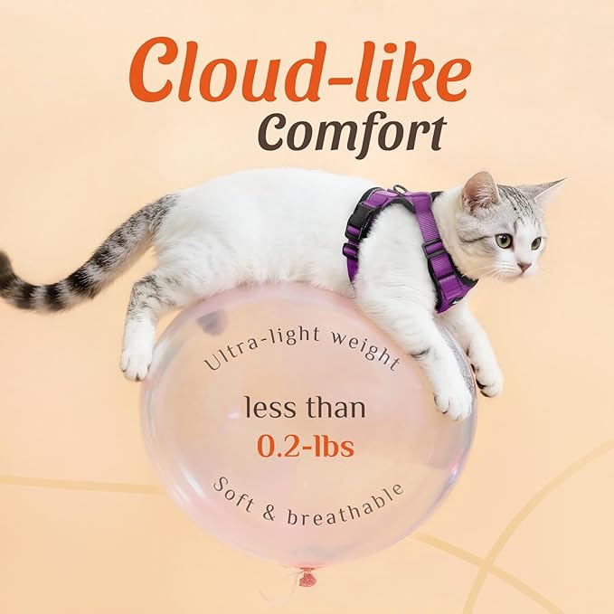Dooradar Cat Harness and Leash Set, Escape Proof Safe Adjustable Kitten Vest Harnesses for Walking, Easy Control Soft Breathable Mesh Jacket with Reflective Strips for Cats, Purple, XS