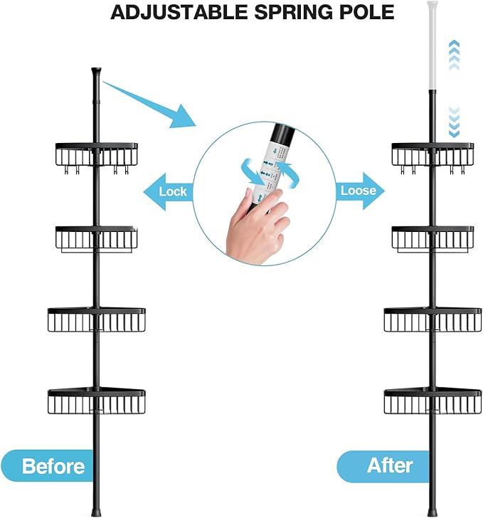 Corner Shower Caddy Tension Pole: Adjustable Rustproof 4-Tier Inside Bathroom Organizer - 47-121 inch Quick Installation Bathtub Shelves for Shampoo Storage - Rod Floor Standing Bath Rack - Black