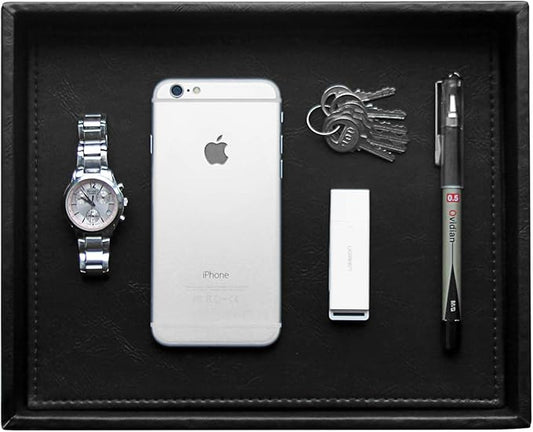 HofferRuffer Faux Leather Vanity Tray, Elegant Desktop Storage Organizer, Decorative Catchall for Perfume, Bathroom Valet, Nightstand or Dresser, Black, 10.2 x 8.4 x 1.8 Inches