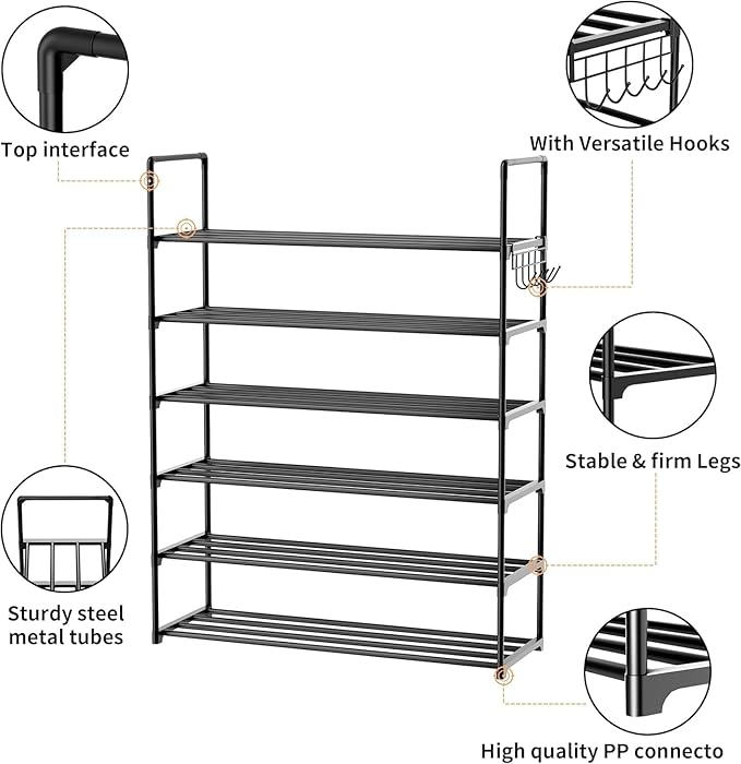 Metal Shoe Organizer,6 Tiers Shoe Storage Shoe Rack with Hooks,Fit 24-30 Pairs,Adjustable Shoe Shelf for Entryway,Hallway,Bedroom,Metal Bottom Support