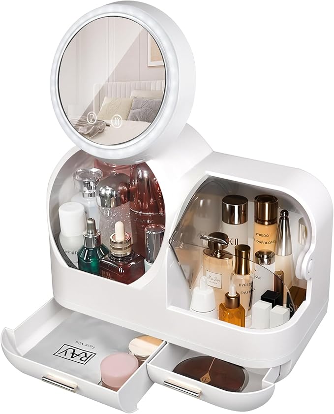 Large Makeup Organizer with Led Light and Mirror - 15" L×8.5" W×12" H Cosmetic Display Case with Fan, Desktop Makeup Box with Drawers, Skincare Storage Box for Vanity Countertop Bathroom, White