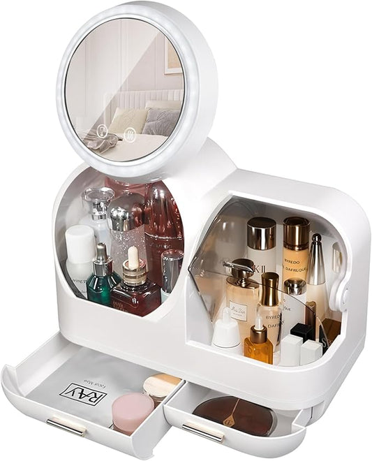 Large Makeup Organizer with Led Light and Mirror - 15" L×8.5" W×12" H Cosmetic Display Case with Fan, Desktop Makeup Box with Drawers, Skincare Storage Box for Vanity Countertop Bathroom, White