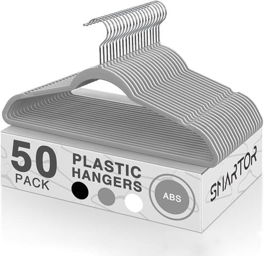 SMARTOR Plastic Hangers 50 Pack, Thin Hangers with 360° Swivel Hook, Non-Velvet Hanger Heavy Duty Clothes Holders for Closet - Durable Adult Hanger, Space Saving Hangars - Grey