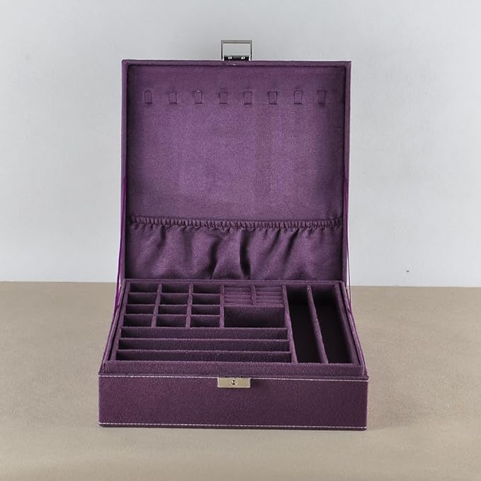 Jewelry Boxes 10 x 10 Inches 2-layer Handle Necklace Holder Organizer Jewellery Women Rings Storage Display Girls Earrings Case Lockable Jewelry Tray GY641 (Purple)