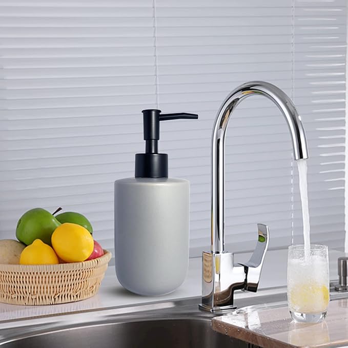 Gray Soap Dispenser with Matte Black Pump for Bathroom,Minimalist Modern Design Cylindrical Lotion Dispenser,12oz Ceramic Hand Dish Soap Dispenser,Refillable Liquid Dispenser for Kitchen (Gray)