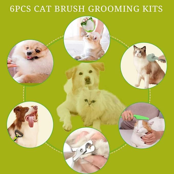 Cat Grooming Brush Kit 6 Tools - Deshedding & Dematting for Long/Short Hair, Self-Cleaning Slicker Brush with 6-in-1 Flea Comb for Cats & Kittens (Green)
