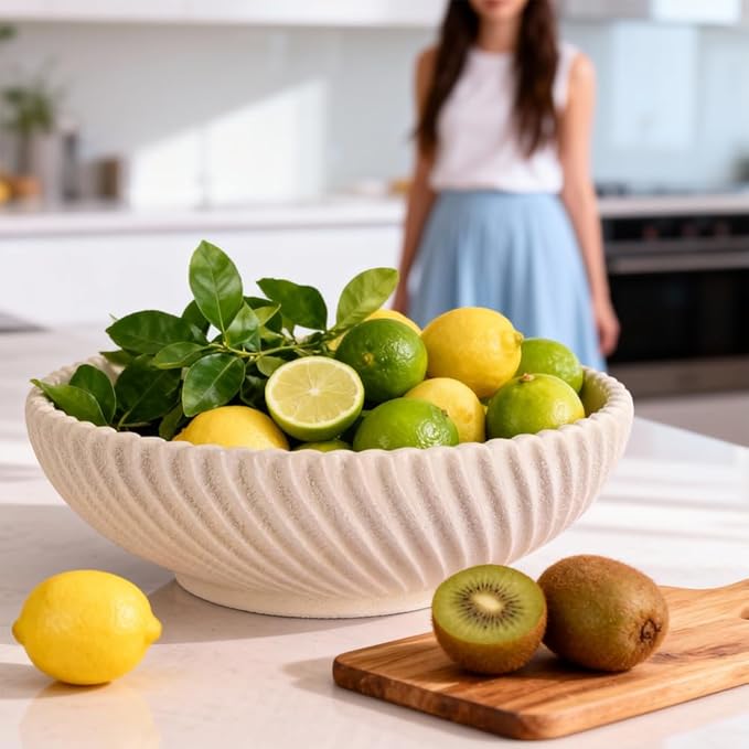 Large Resin Decorative Pedestal Bowl for Home Decor - Sandstone Ribbed Fruit Bowl For Kitchen Counter Or Table Decor - Key Bowl for Entryway Table Decor - Centerpiece Bowls for Keys, Fruit, Candy