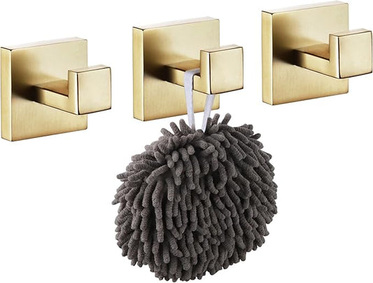 KOKOSIRI Bath Robe Hook Wall Mount Square Towel Hook Coat Hook Bathroom Kitchen Garage Heavy Duty SUS 304 Stainless Steel 3 Pack Brushed Gold B1010BG-P3