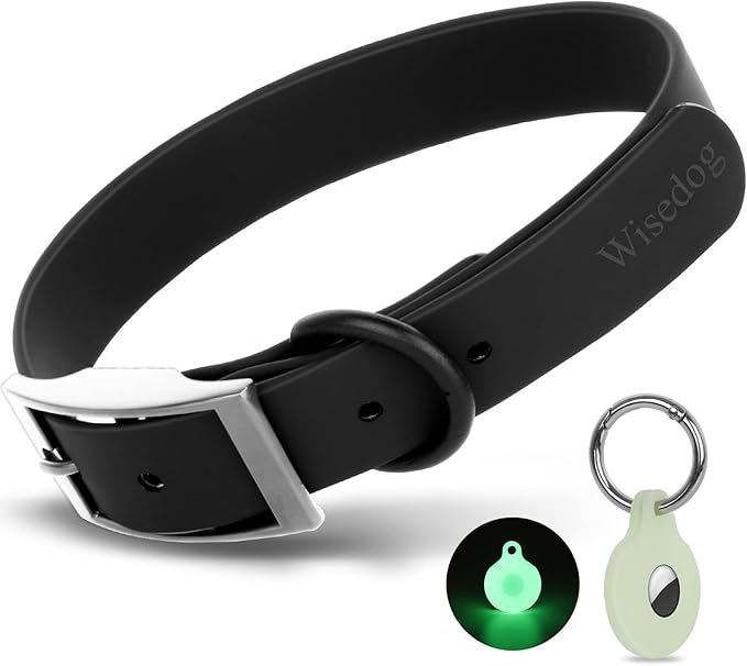 Wisedog Waterproof Dog Collar, Adjustable Soft Rubber Coated Webbing, Odor-Proof and Easy to Clean for Small Medium Large Dogs, with Airtags Case(M|12"-16" × 4/5 in, Black)