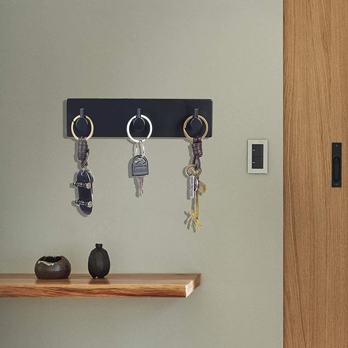 Key Holder (3 Hooks) - Sturdy Self Adhesive Stainless Steel, Matte Black, Wall Mount, Damage Free, Extra Thick, for Keys and Masks, Entryway, Hallway