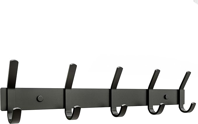 Matte Black Coat Rack Wall Mount – 15 Inch Stainless Steel Hook Rail with 5 Double Coat Hooks – Wall Mounted Entryway Organizer for Coats, Hats, Bags, Towels, Robes, Closet or Bathroom