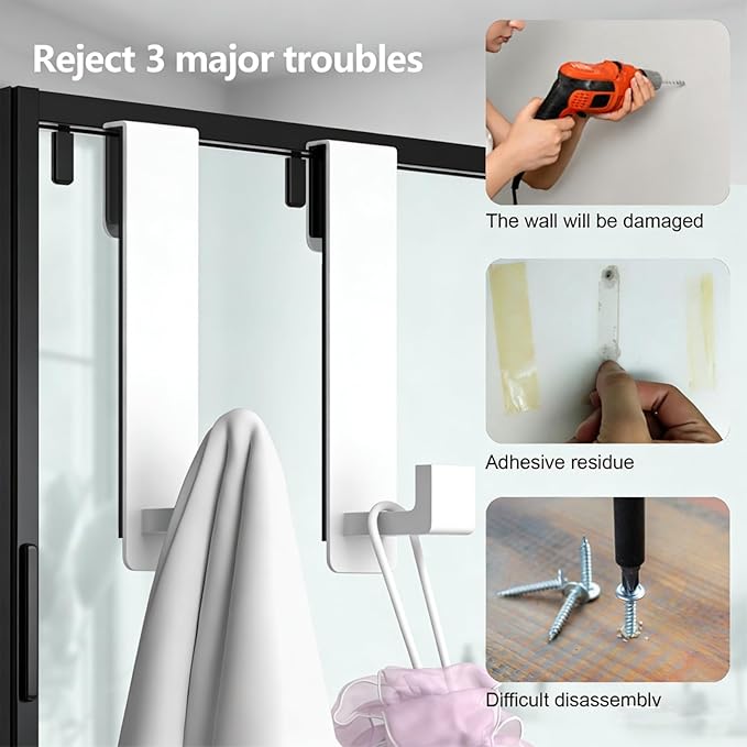 PMMASTO Shower Door Hooks, (7.5 Inch) Extended Towel Hooks for Bathroom Frameless Glass Shower Door, Stainless Steel Heavy Duty Hooks (White, L Shape-Fits 3/8" Thick Door)