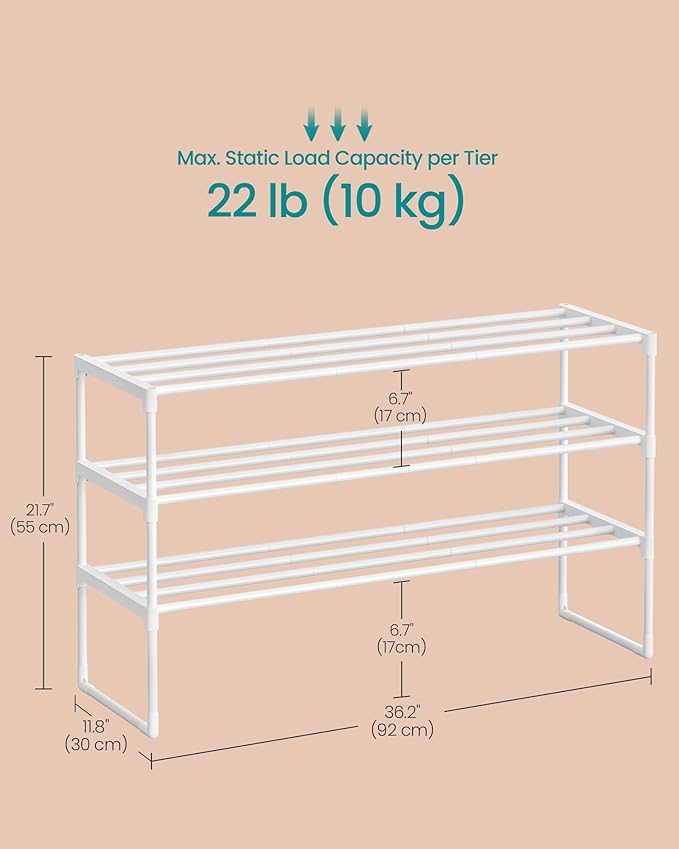 SONGMICS Shoe Rack, 3-Tier Shoe Organizer, Metal Storage Shelf, Upright or Upside Down, for 16-20 Pairs, Stackable, for Entryway, 11.8 x 36.2 x 21.7 Inches, Pearl White ULSA303W03