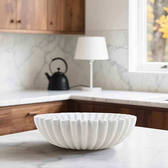 Large Modern Decorative Ruffle Bowl for Home Decor Fruit Bowl Organic Catch All Key Kitchen Entryway Shelf Coffee Table,White