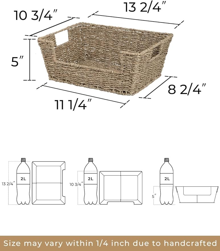 StorageWorks Wicker Storage Basket for Pantry Organizers and Storage, Stackable Seagrass Pantry Baskets for Shelves, 2-Pack