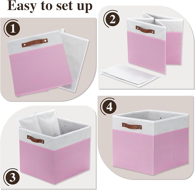 Temary Foldable Cube Baskets 4Pack - Clothes Shelf Storage with Handles, Fabric Storage Organizer Bins (White&Pink, 13x15x13 Inch)
