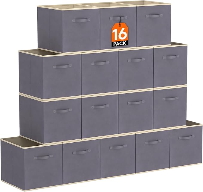 Lifewit 16 Packs Storage Cubes, 11 Inch Cube Storage Bins, Foldable Decorative Fabric Storage Baskets for Organizing Home Organizers with Handles for Shelves, Closet, Gray