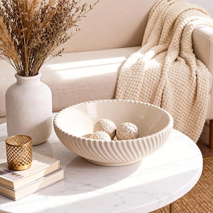 Large Resin Decorative Pedestal Bowl for Home Decor - Sandstone Ribbed Fruit Bowl For Kitchen Counter Or Table Decor - Key Bowl for Entryway Table Decor - Centerpiece Bowls for Keys, Fruit, Candy