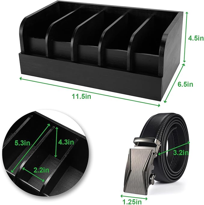 GTI Belt Organizer, 5 Compartments Belt Organizer for Closet and Drawer, Bamboo Display Case for Tie and Belt, Belt Storage Organizer for Men Women (Black)