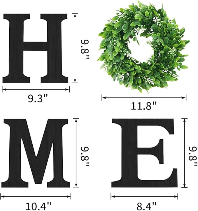 Wooden Home Sign with Artificial Green Wreath for O, Hanging Farmhouse Wall House Decor Wood Letters for Wall Art Rustic Home Decor, Wall Decor for Living Room Kitchen Entryway (Black)