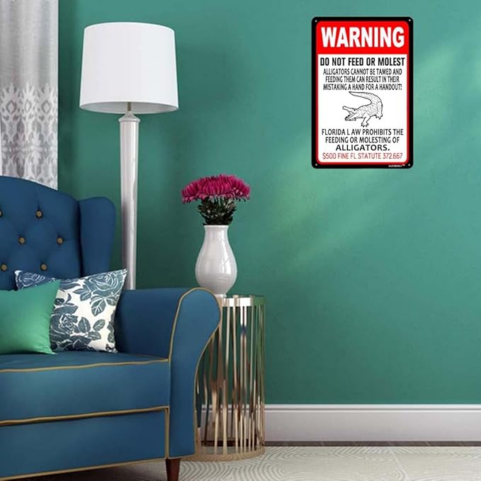 Aluminum Funny Alligator Decor, Warning Beware of Crocodile Sign, Retro Metal Bar Pub Poster, Funny Garage Signs for Men 12"x16"