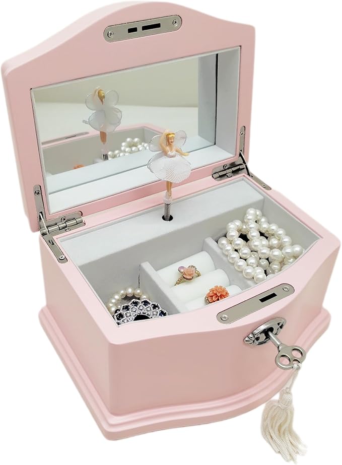 Ballerina Musical Jewelry Box with Mirror Lock for Girls Wooden Jewelry Storage Music Chest Perfect Gifts for Kids,Great gifts for Christmas and all Holidays (Pink-M)