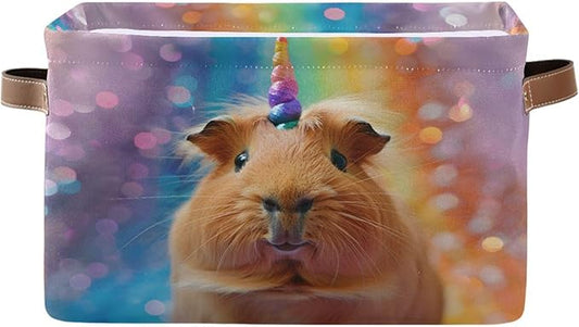 Large Storage Basket Rainbow Guinea Pig Unicorn Storage Bin Cube Canvas Fabric Organizer Handles Collapsible for Clothes Toys Bedroom Decorative
