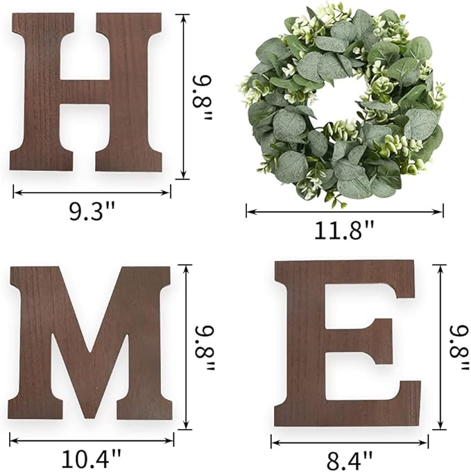 Wooden Home Sign Wall Hanging Decor - Wood Letters for Wall Art with Artificial Eucalyptus Wreath Rustic Home Decor Farmhouse, Wall Decor for Living Room Kitchen Housewarming Gift (Brown)