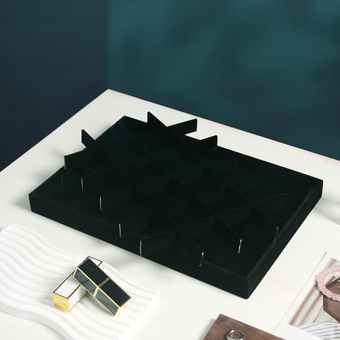 Coward 2PC Black Velvet Stackable 24 Gird Jewelry Organizer Tray Necklace Earring Box Storage Drawer Ring Earring Display Holder (24grid+24grid)