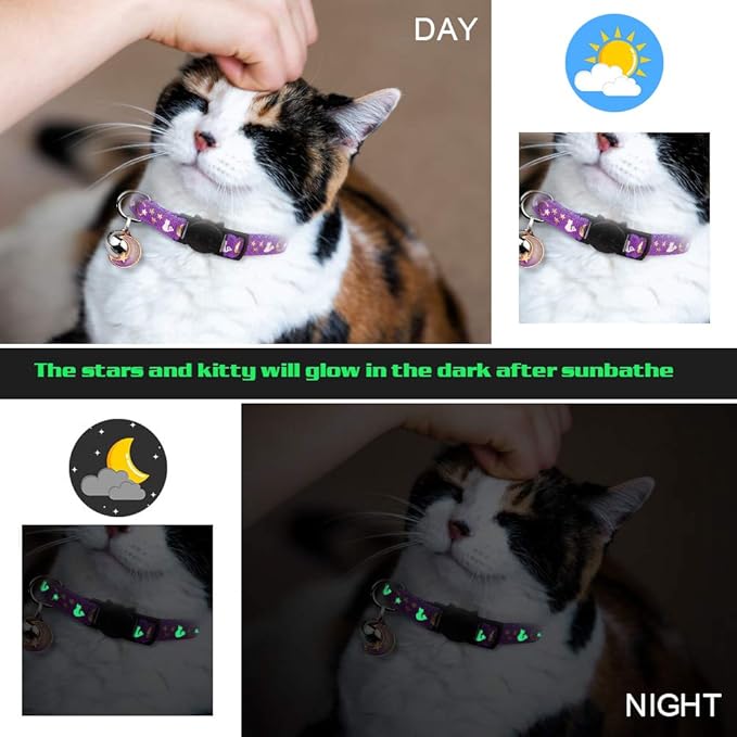 2PCS Breakaway Cat Collars with Bell Cute Kitty Glow in The Dark Adjustable Kitten Collars 7.9-13.0 Inch(Red&Purple)