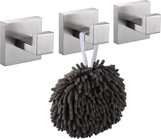 KOKOSIRI Bath Towel Hook Wall Mount Square Robe Hook Coat Hook Bathroom Kitchen Garage Heavy Duty SUS 304 Stainless Steel 3 Pack Brushed Nickel B1010BR-P3