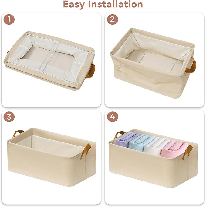 SNWDN 4 Pack Closet Cloth Storage Bins for Shelves, Medium Storage Baskets for Shelves, Fabric Bins for Closet organization with Handles（ Beige 15''L x 10''W x 8''H）